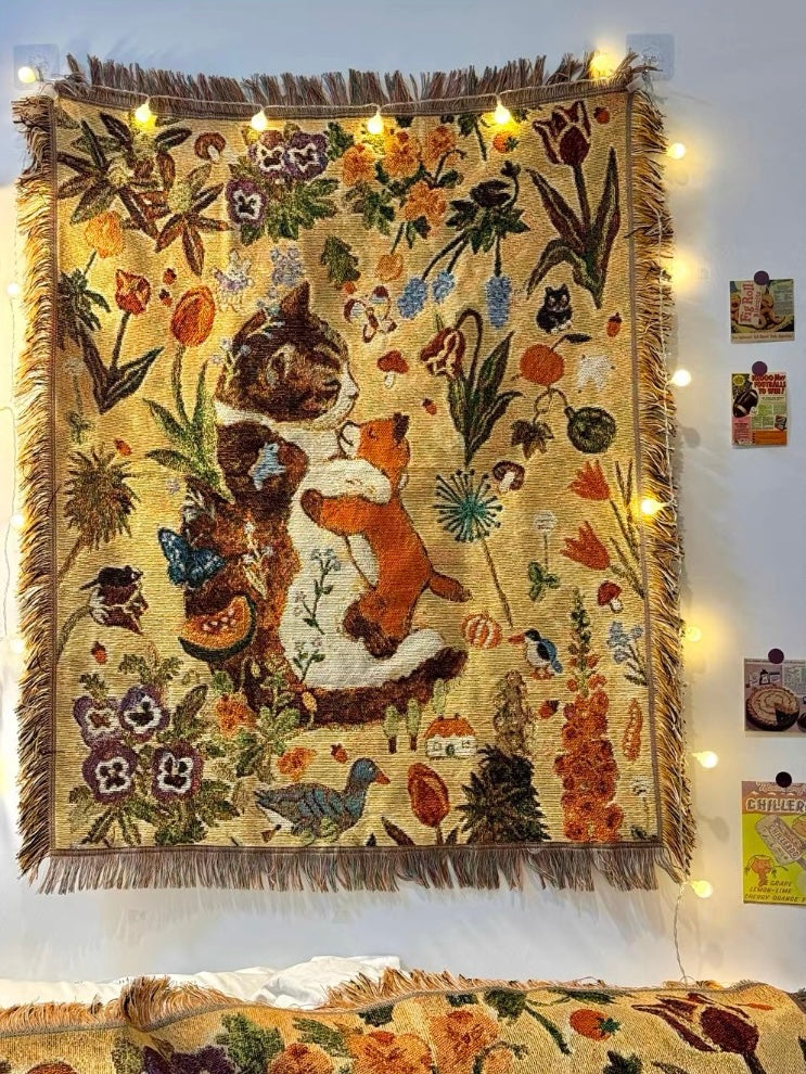 Oil Painting Style Cat Tapestry, Cotton Woven Knitted Decorative Art Tapestry