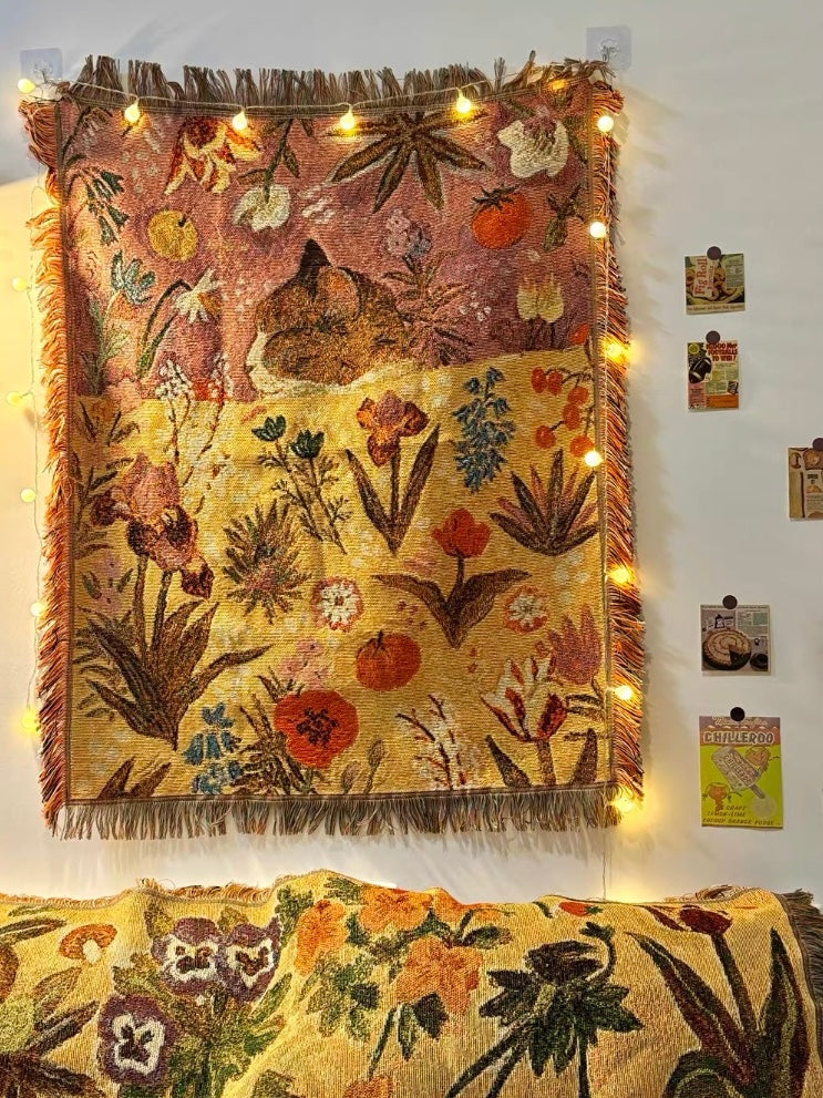 Oil Painting Style Cat Tapestry, Cotton Woven Knitted Decorative Art Tapestry