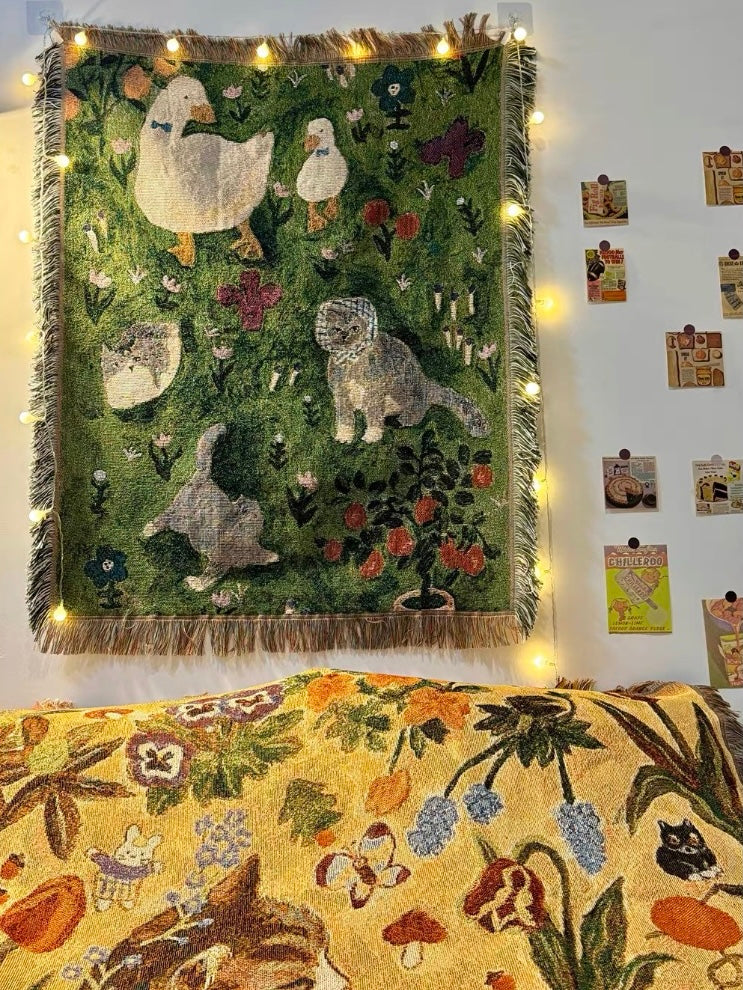 Oil Painting Style Cat Tapestry, Cotton Woven Knitted Decorative Art Tapestry