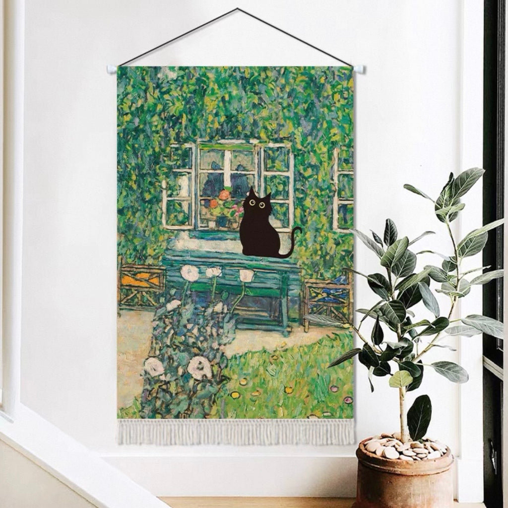 Oil Painting Style Cat Tapestry, A Black Cat in a Classic Painting